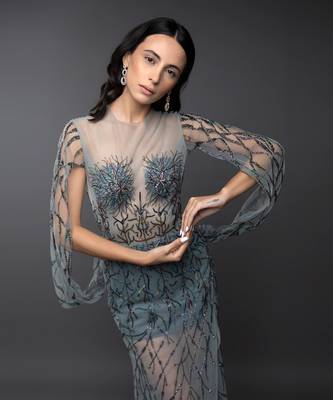 Dust Green Embroidered Cowl Sleeve Gown 4