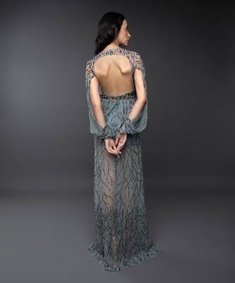 Dust Green Embroidered Cowl Sleeve Gown 5