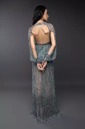 Dust Green Embroidered Cowl Sleeve Gown