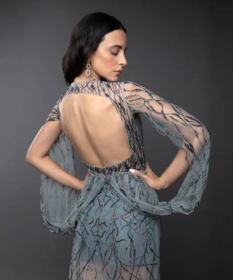 Dust Green Embroidered Cowl Sleeve Gown 6