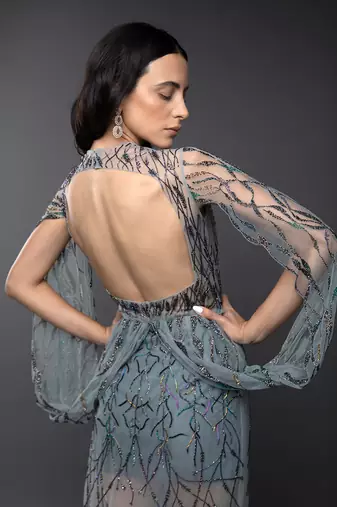 Dust Green Embroidered Cowl Sleeve Gown