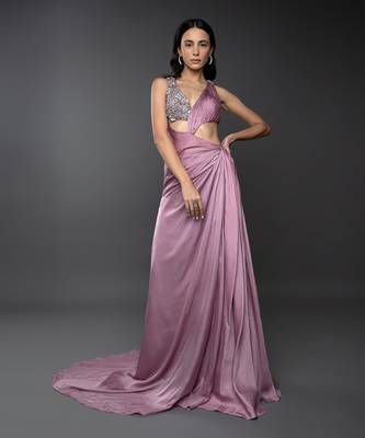 Dust Pink Body Cut 3D Embroidered Drape Gown. 1