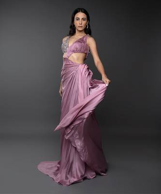 Dust Pink Body Cut 3D Embroidered Drape Gown. 3