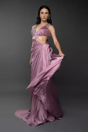 Dust Pink Body Cut 3D Embroidered Drape Gown.