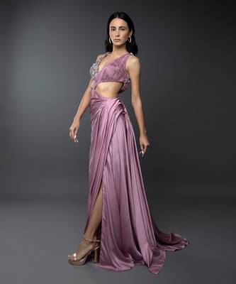 Dust Pink Body Cut 3D Embroidered Drape Gown. 4