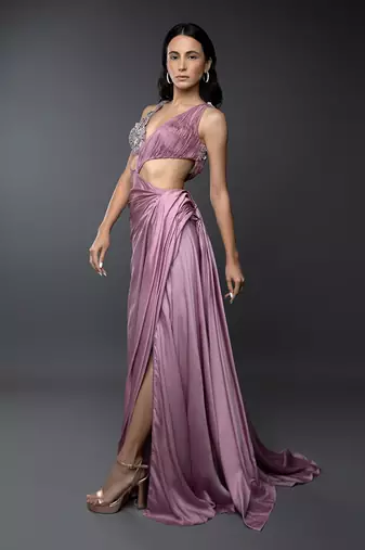 Dust Pink Body Cut 3D Embroidered Drape Gown.
