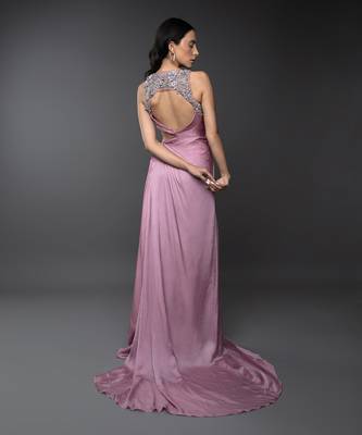 Dust Pink Body Cut 3D Embroidered Drape Gown. 5