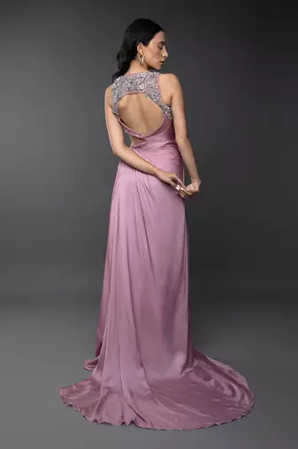 Dust Pink Body Cut 3D Embroidered Drape Gown.