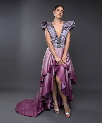 Lavender Shaded Asymmetric Layered Gown With Plunging Neckline 1