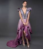 Lavender Shaded Asymmetric Layered Gown With Plunging Neckline
