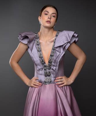 Lavender Shaded Asymmetric Layered Gown With Plunging Neckline 2