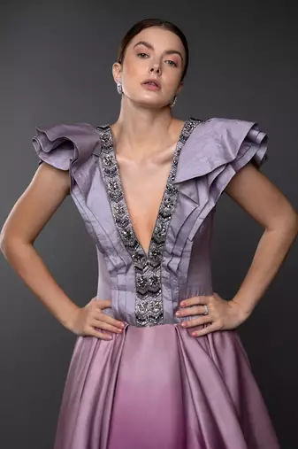 Lavender Shaded Asymmetric Layered Gown With Plunging Neckline