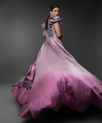 Lavender Shaded Asymmetric Layered Gown With Plunging Neckline 3