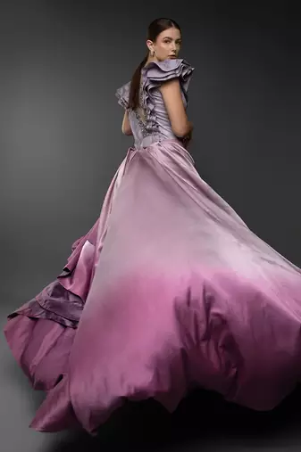 Lavender Shaded Asymmetric Layered Gown With Plunging Neckline