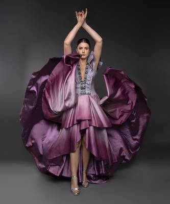 Lavender Shaded Asymmetric Layered Gown With Plunging Neckline 4
