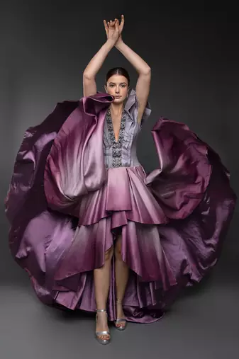 Lavender Shaded Asymmetric Layered Gown With Plunging Neckline