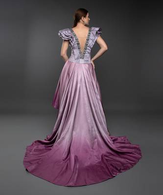 Lavender Shaded Asymmetric Layered Gown With Plunging Neckline 5