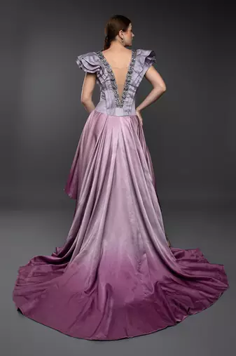 Lavender Shaded Asymmetric Layered Gown With Plunging Neckline