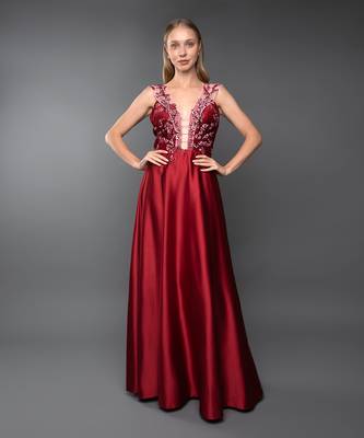 Red A-Line Gown With Plunging Neckline 1