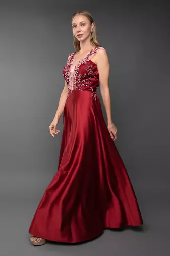 Red A-Line Gown With Plunging Neckline