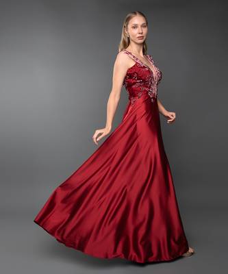 Red A-Line Gown With Plunging Neckline 3