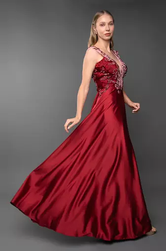 Red A-Line Gown With Plunging Neckline