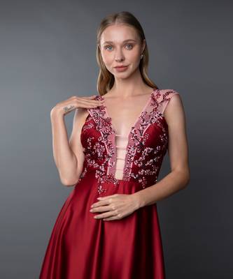 Red A-Line Gown With Plunging Neckline 4