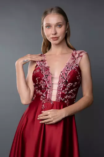 Red A-Line Gown With Plunging Neckline