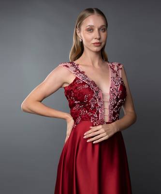 Red A-Line Gown With Plunging Neckline 5