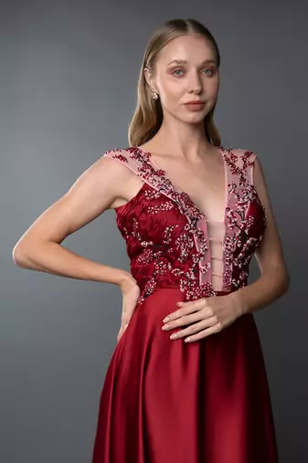 Red A-Line Gown With Plunging Neckline