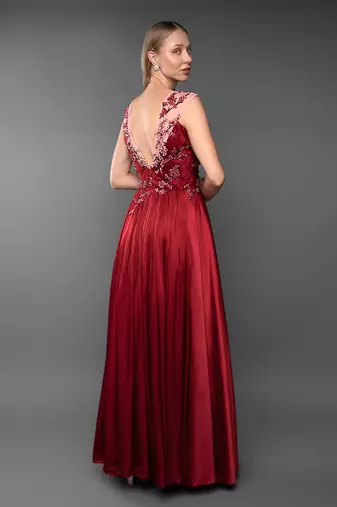 Red A-Line Gown With Plunging Neckline