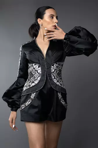 Black Blazer Look Balloon Sleeve Playsuit
