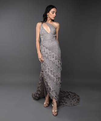 Lavender Body Cut Keyhole Tassel Detail Embroidered Side Trail Gown 1