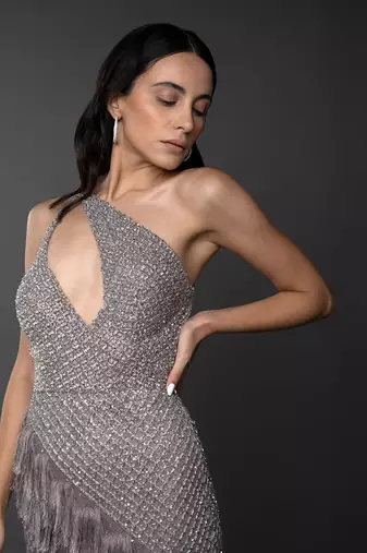 Lavender Body Cut Keyhole Tassel Detail Embroidered Side Trail Gown
