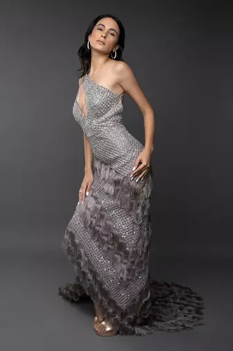 Lavender Body Cut Keyhole Tassel Detail Embroidered Side Trail Gown