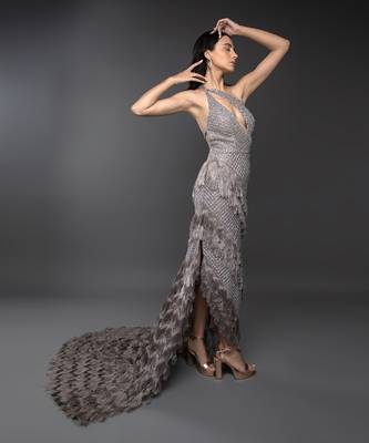 Lavender Body Cut Keyhole Tassel Detail Embroidered Side Trail Gown 4