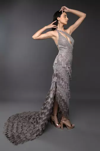 Lavender Body Cut Keyhole Tassel Detail Embroidered Side Trail Gown