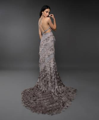 Lavender Body Cut Keyhole Tassel Detail Embroidered Side Trail Gown 5