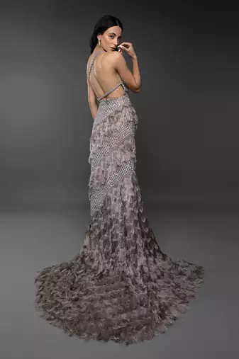 Lavender Body Cut Keyhole Tassel Detail Embroidered Side Trail Gown