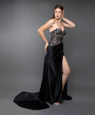 Black Embroidered Corset Trail Gown 3