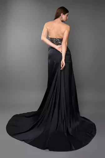 Black Embroidered Corset Trail Gown