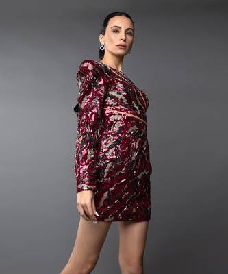 Red Sequin Power Shoulder Bodycon Short Dress 4