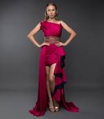 Structured Fuchsia Pink Embroidered Cowl Gown
