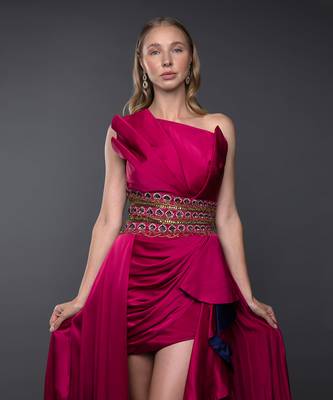 Structured Fuchsia Pink Embroidered Cowl Gown 2
