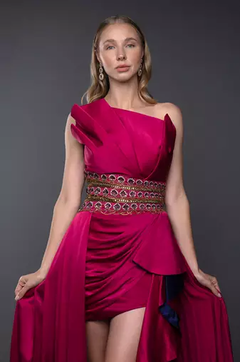 Structured Fuchsia Pink Embroidered Cowl Gown