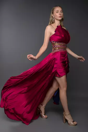 Structured Fuchsia Pink Embroidered Cowl Gown