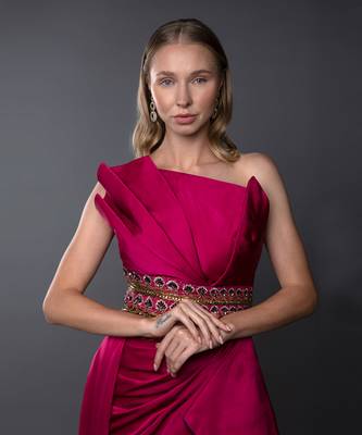 Structured Fuchsia Pink Embroidered Cowl Gown 4