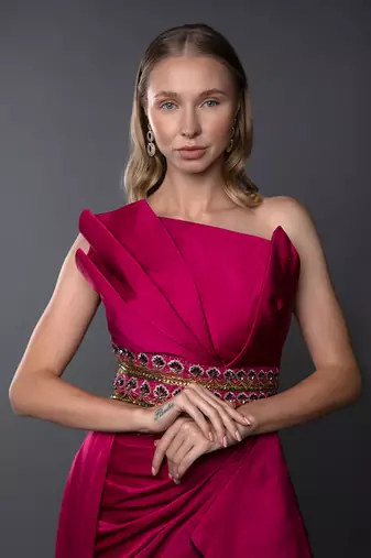 Structured Fuchsia Pink Embroidered Cowl Gown