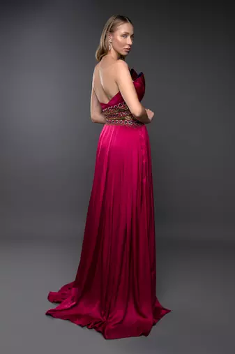 Structured Fuchsia Pink Embroidered Cowl Gown