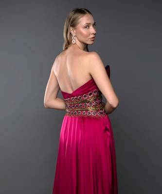 Structured Fuchsia Pink Embroidered Cowl Gown 6